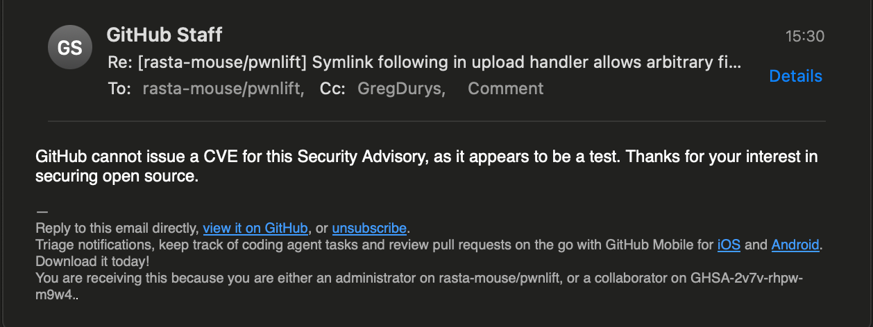 GitHub cannot issue a CVE for this Security Advisory, as it appears to be a test.