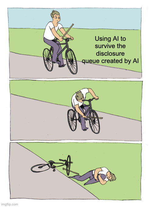 Bike fall meme showing researchers using AI to navigate disclosure while AI-generated vulnerability reports flood maintainers and help break the CVE assignment process.