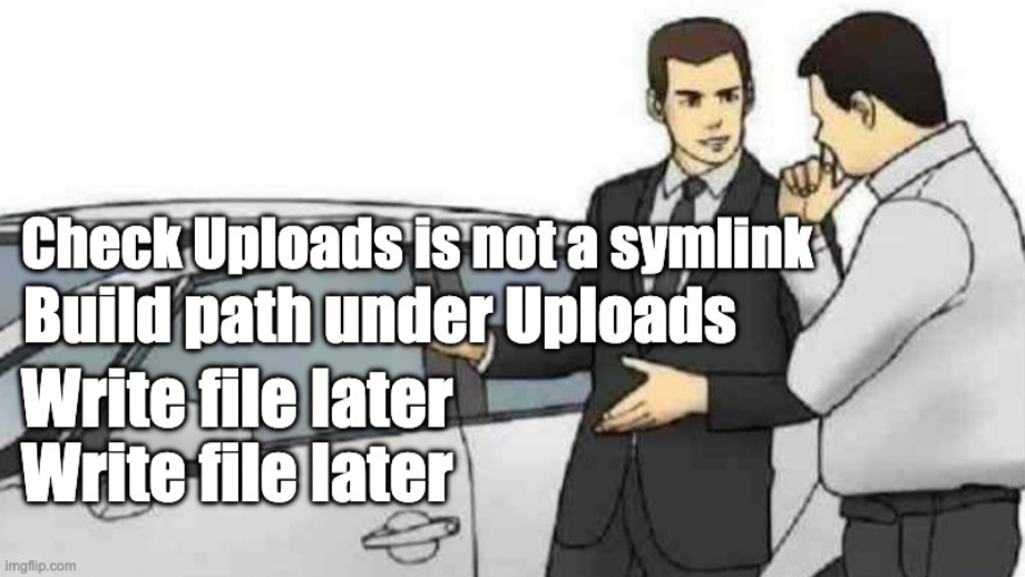 check Uploads is not a symlink, build a path under Uploads, then write the file later after the filesystem may have changed.
