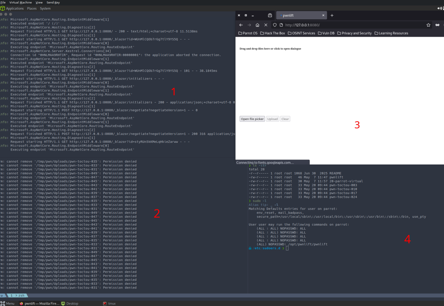 TOCTOU bypass PoC - race script, browser upload, multiple files landing in sudoers.d as root