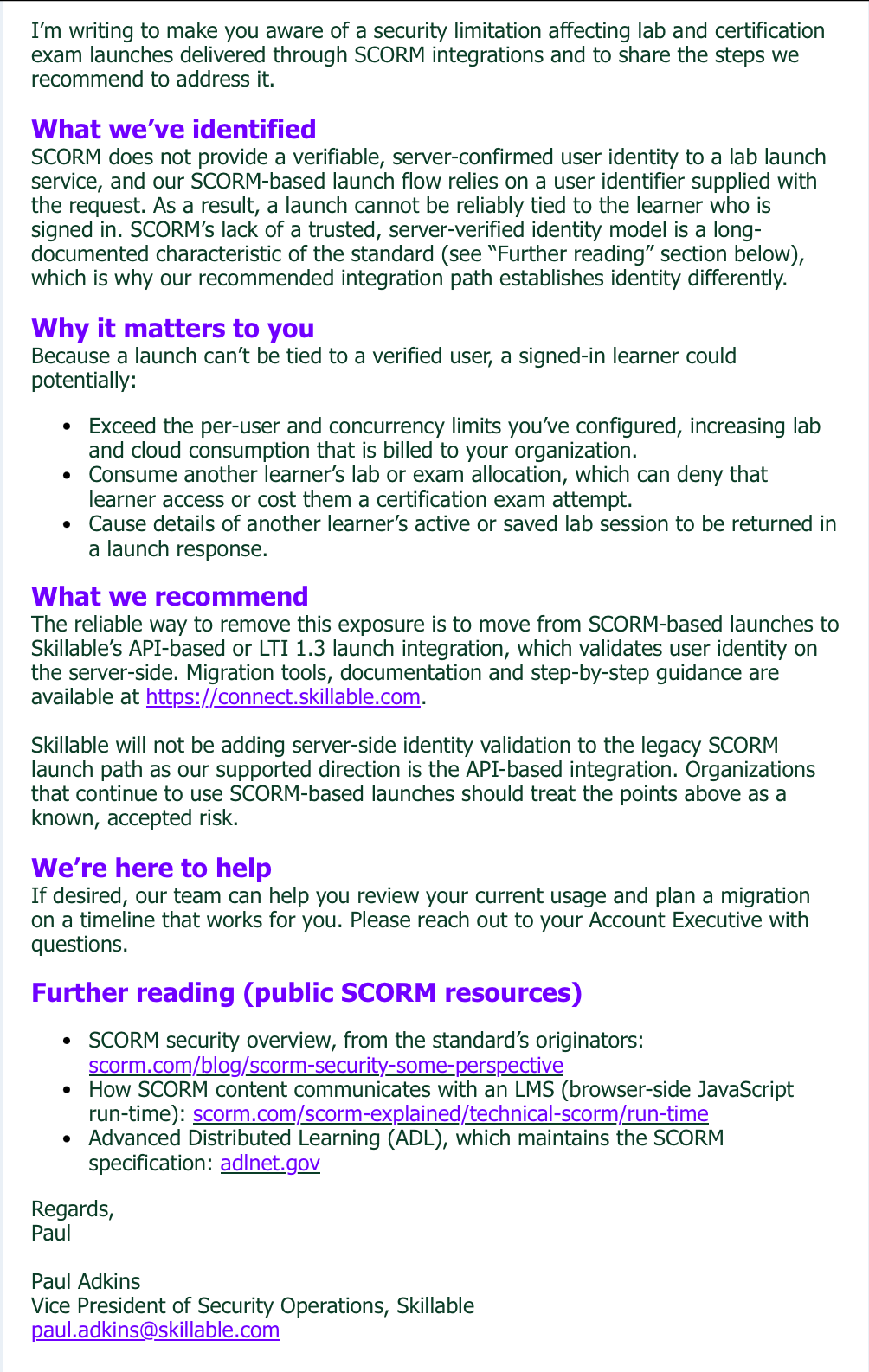 Skillable customer advisory - SCORM-based lab launches and recommended migration, 26 June 2026