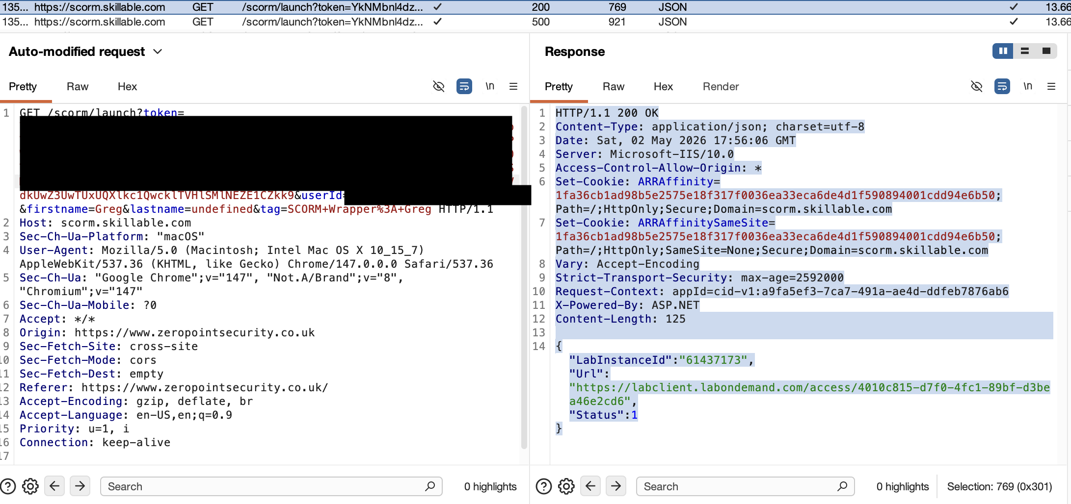 Proxy capture of the modified userId launch returning HTTP 200 with a new LabInstanceId